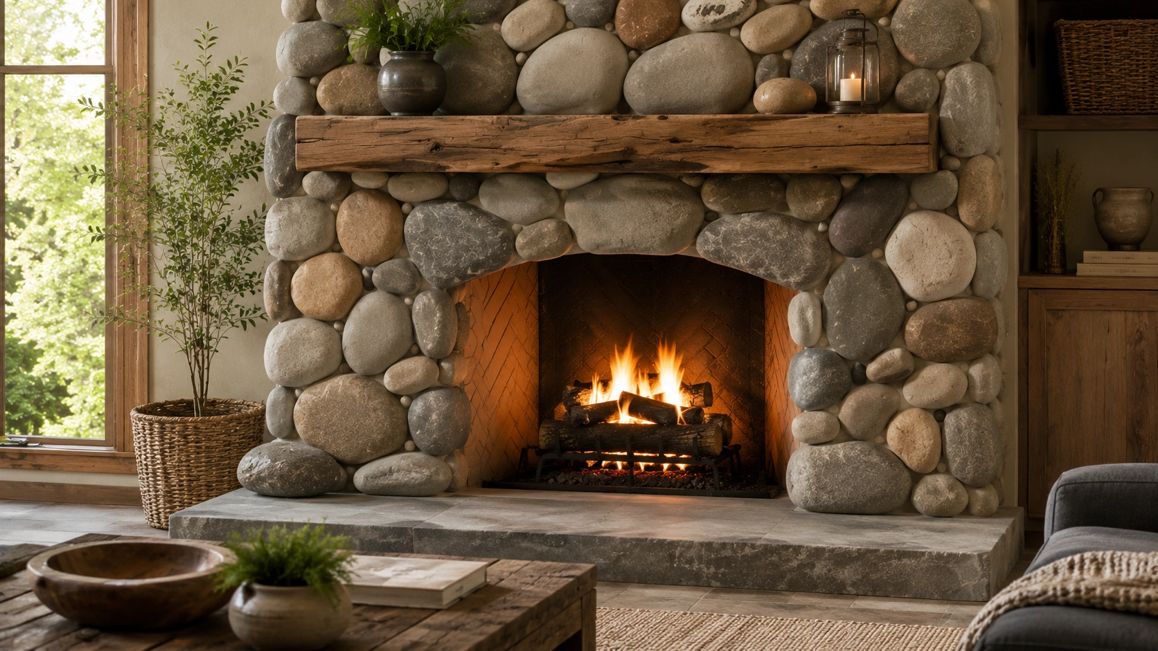 River rock fireplace with smooth rounded stones