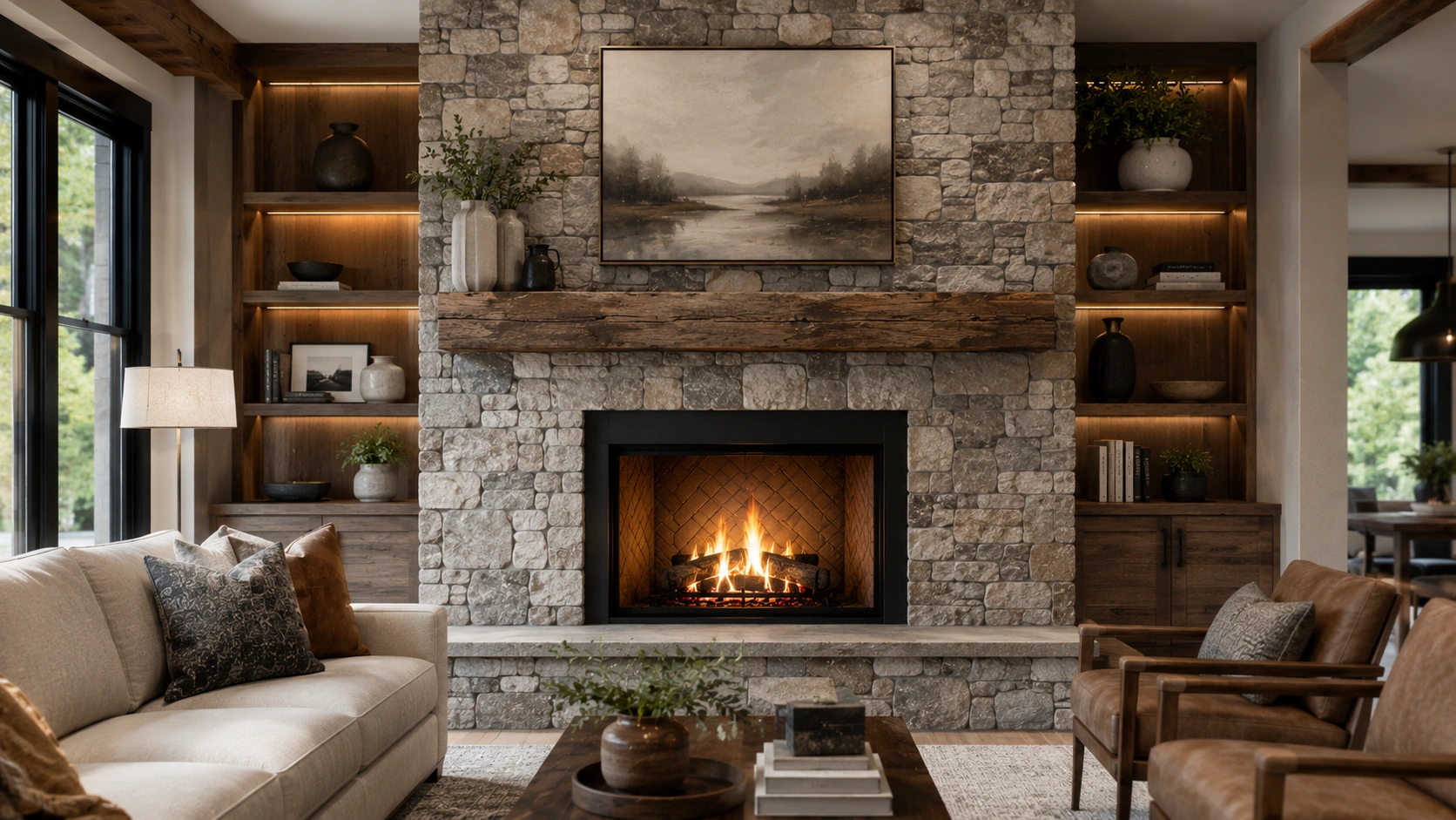 Modern rock fireplace design with integrated mantel