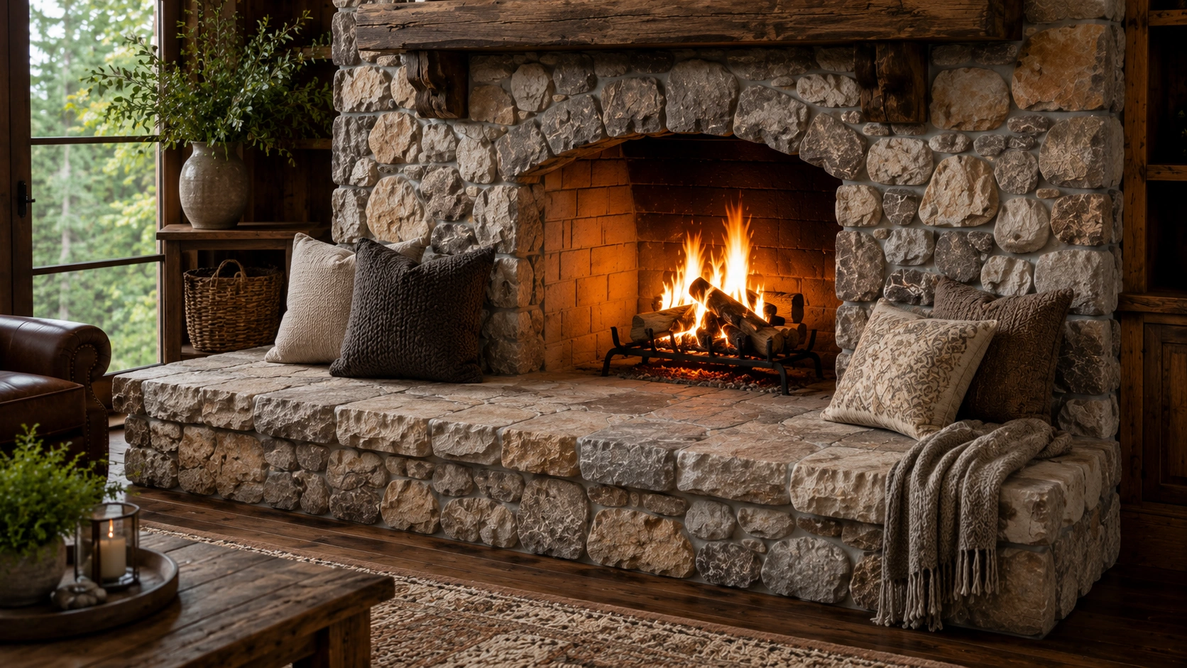 Stone fireplace hearth design with extended seating area