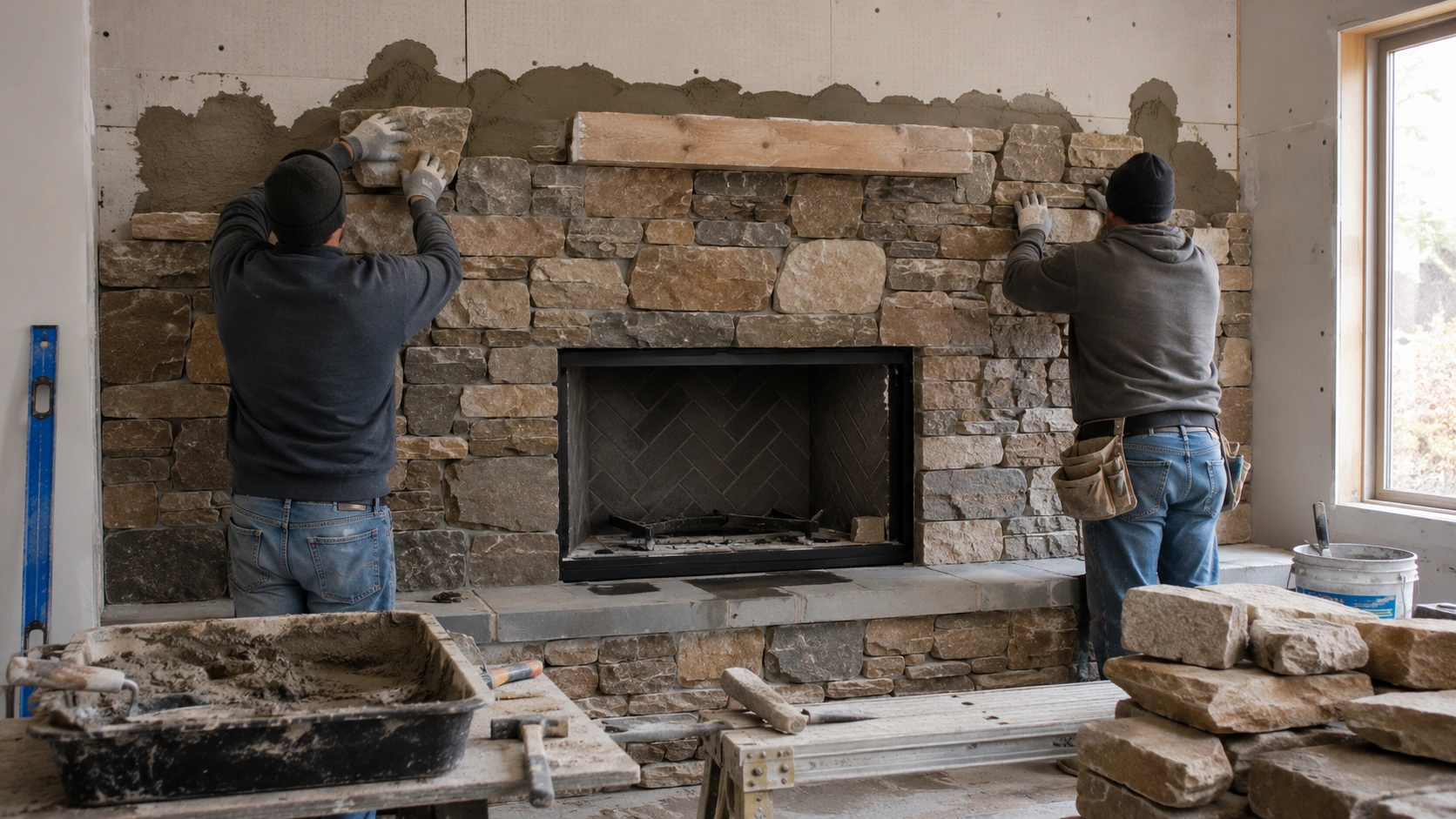 Rock fireplace installation process