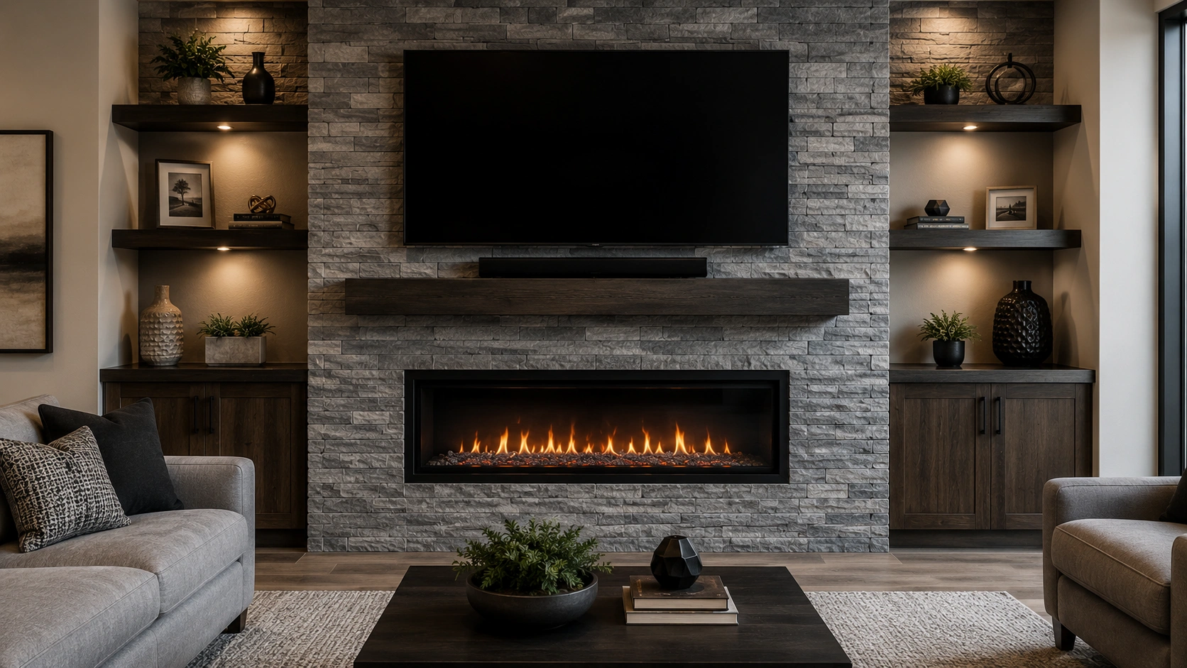 Rock fireplace with TV mounted above
