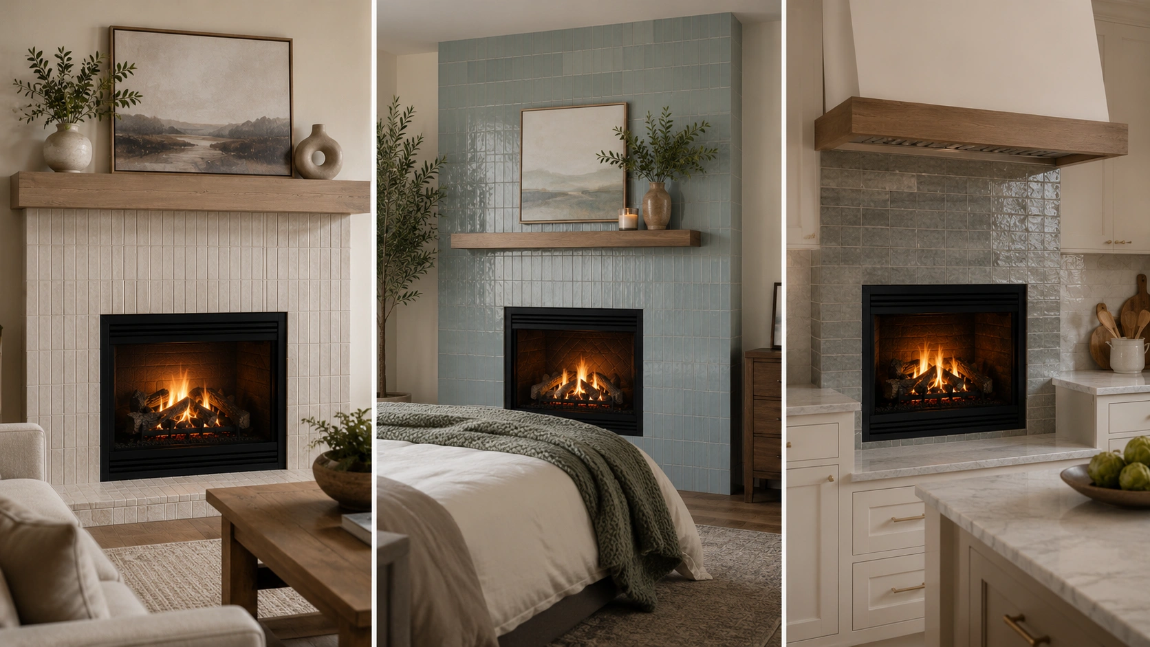 Tiled fireplaces in different rooms showing living room, bedroom, and kitchen designs