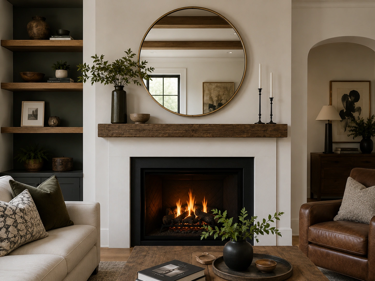 Round mirror creating contrast with rectangular fireplace