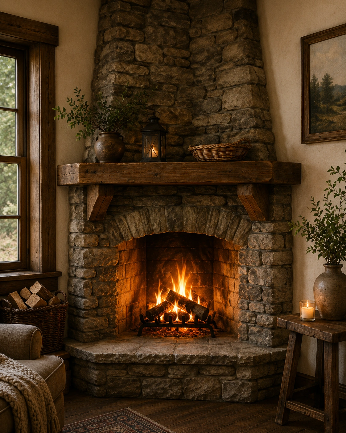 Rustic stone fireplace built into room corner with wooden shelf above