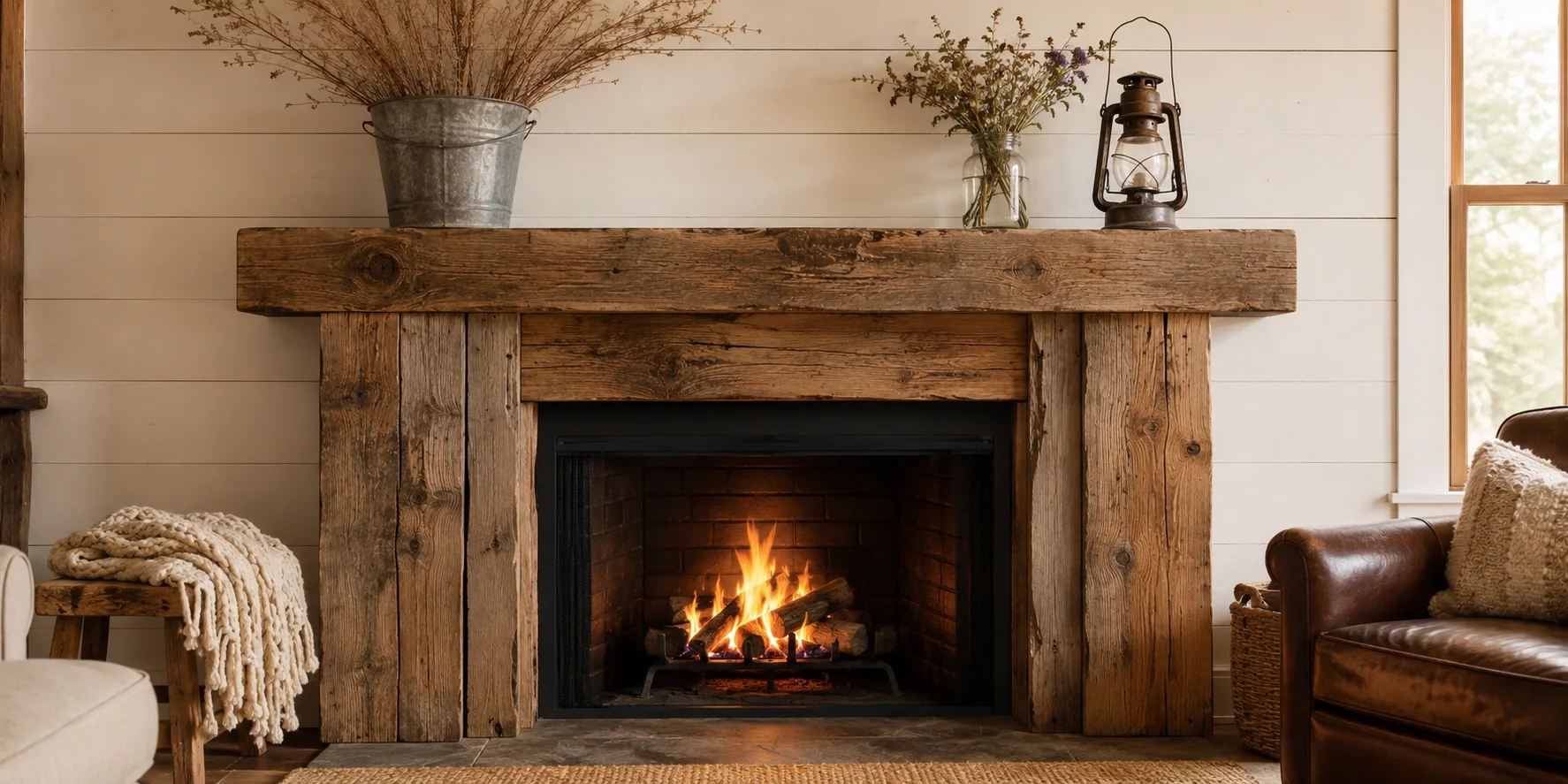 Rustic farmhouse fireplace surround with reclaimed wood
