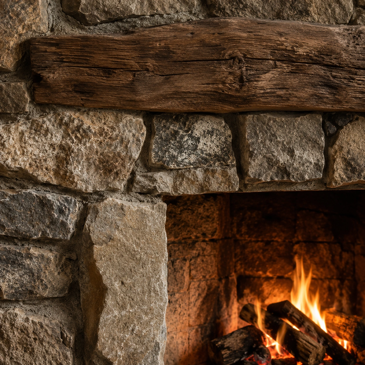 Close-up view of rustic stone fireplace showing natural texture and weathered wood beams