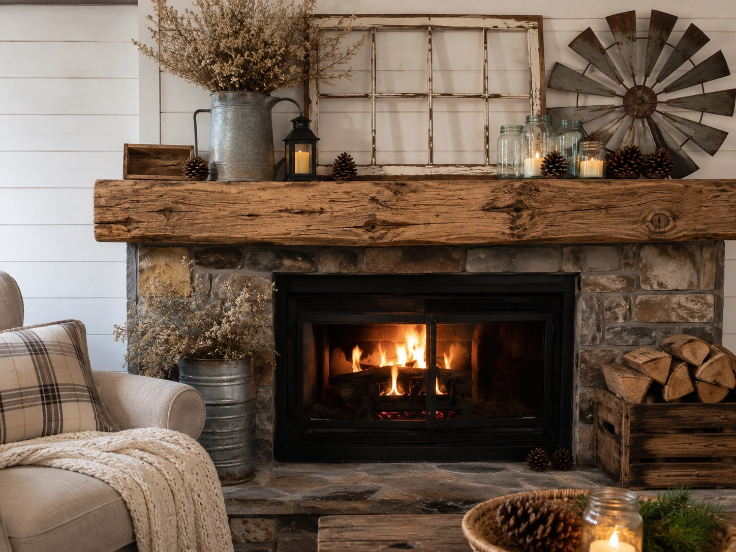 Rustic farmhouse fireplace decor with natural elements