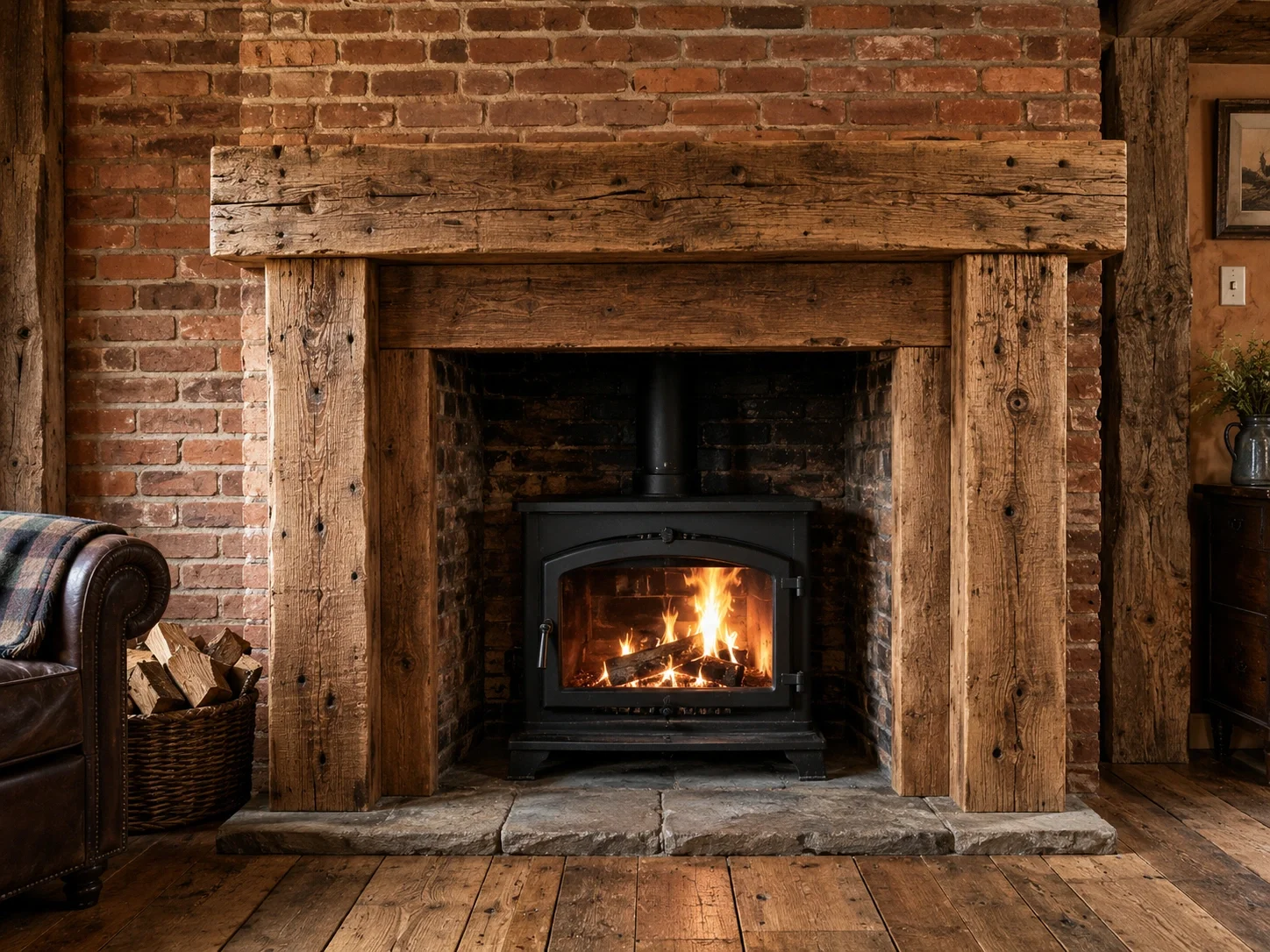 Rustic style fireplace frame with distressed wood