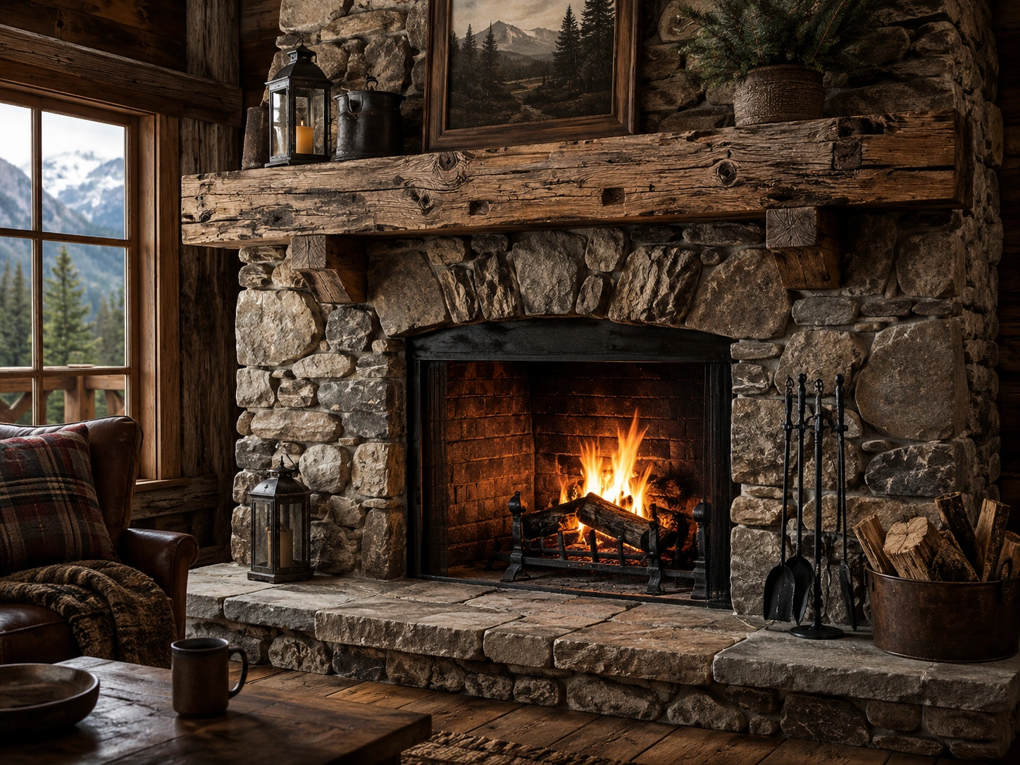 Rustic fireplace with natural stone and wood elements