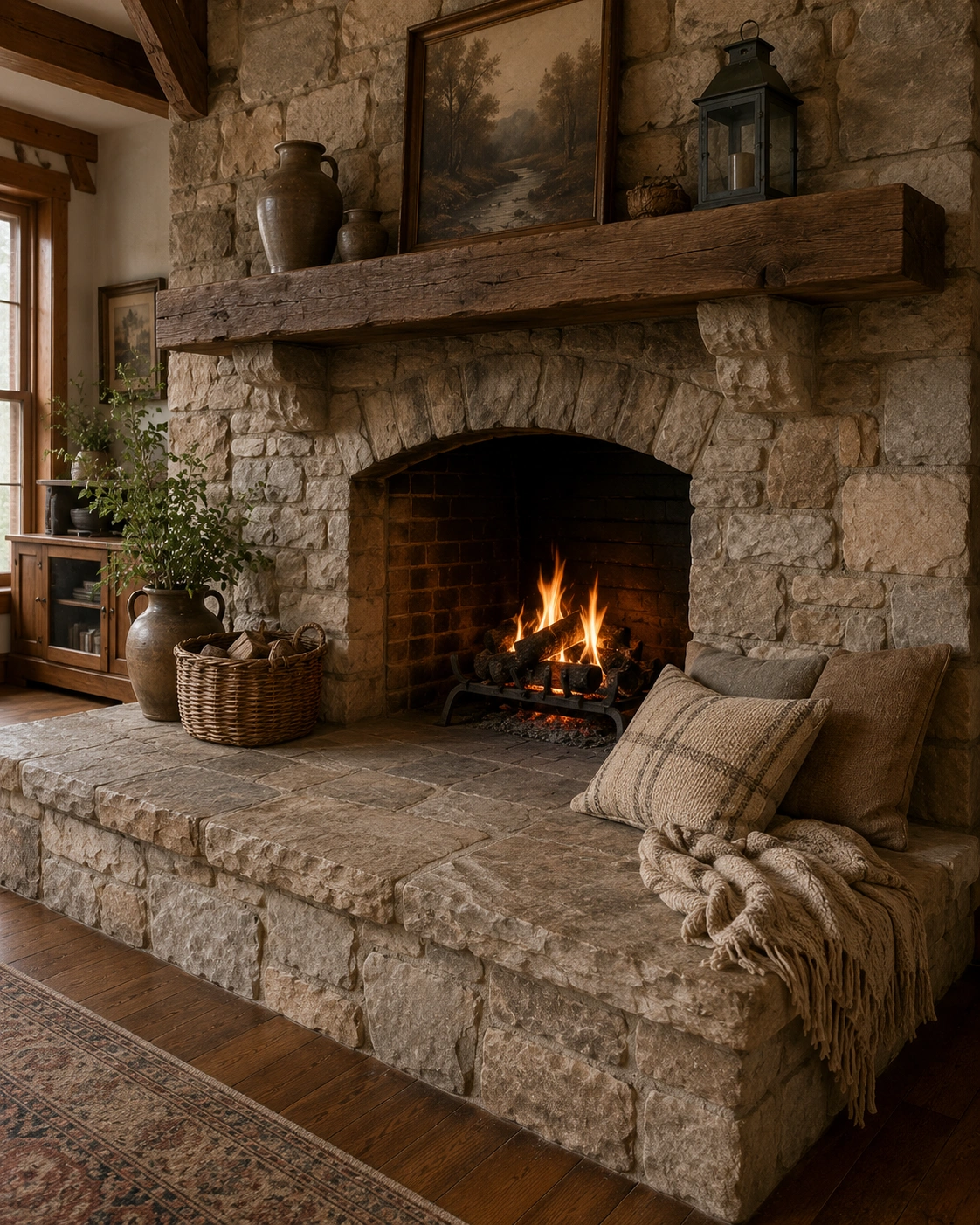 Extended stone hearth with rustic fireplace