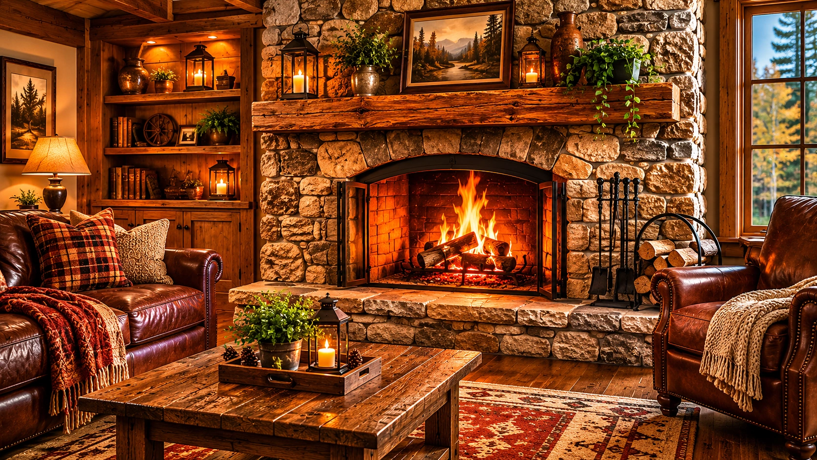Rustic stone fireplace with natural materials in cozy living room