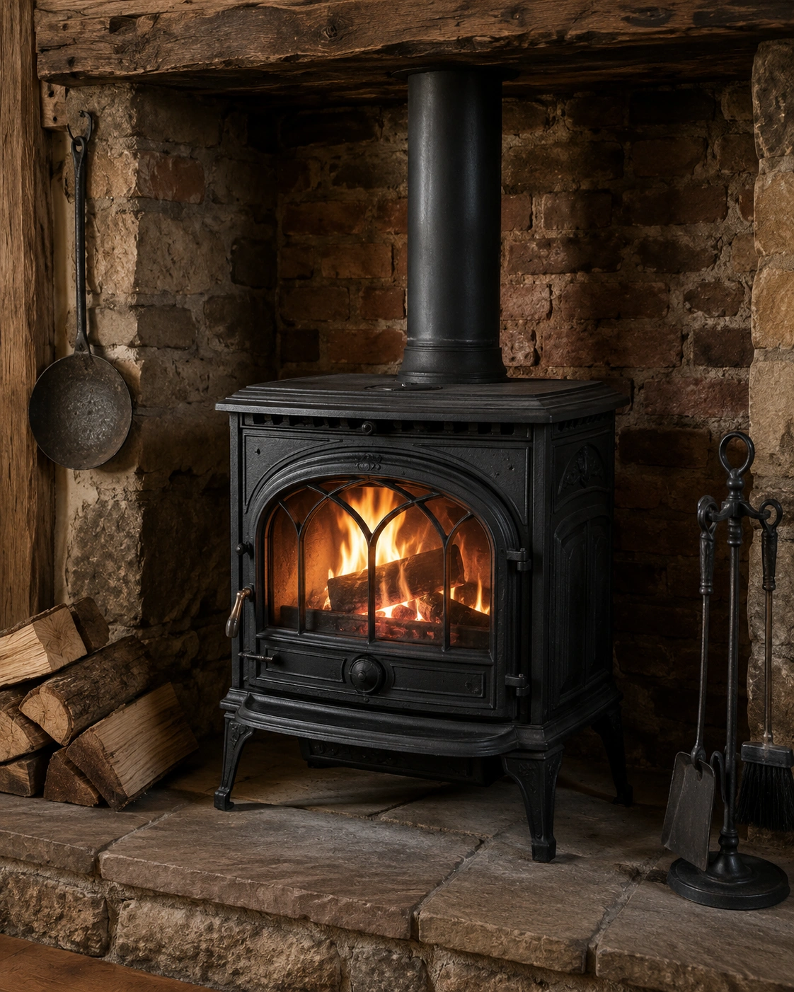 Cast iron wood stove with rustic brick backdrop