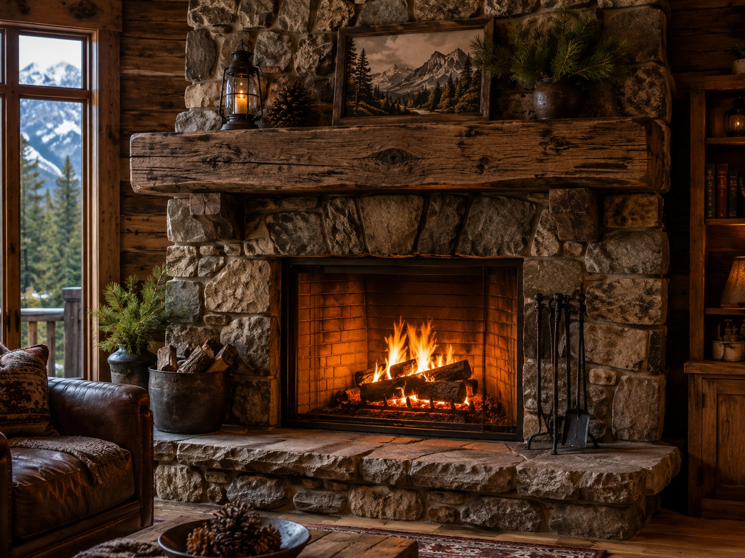 Rustic wood fireplace with natural stone and rough-hewn timber mantel