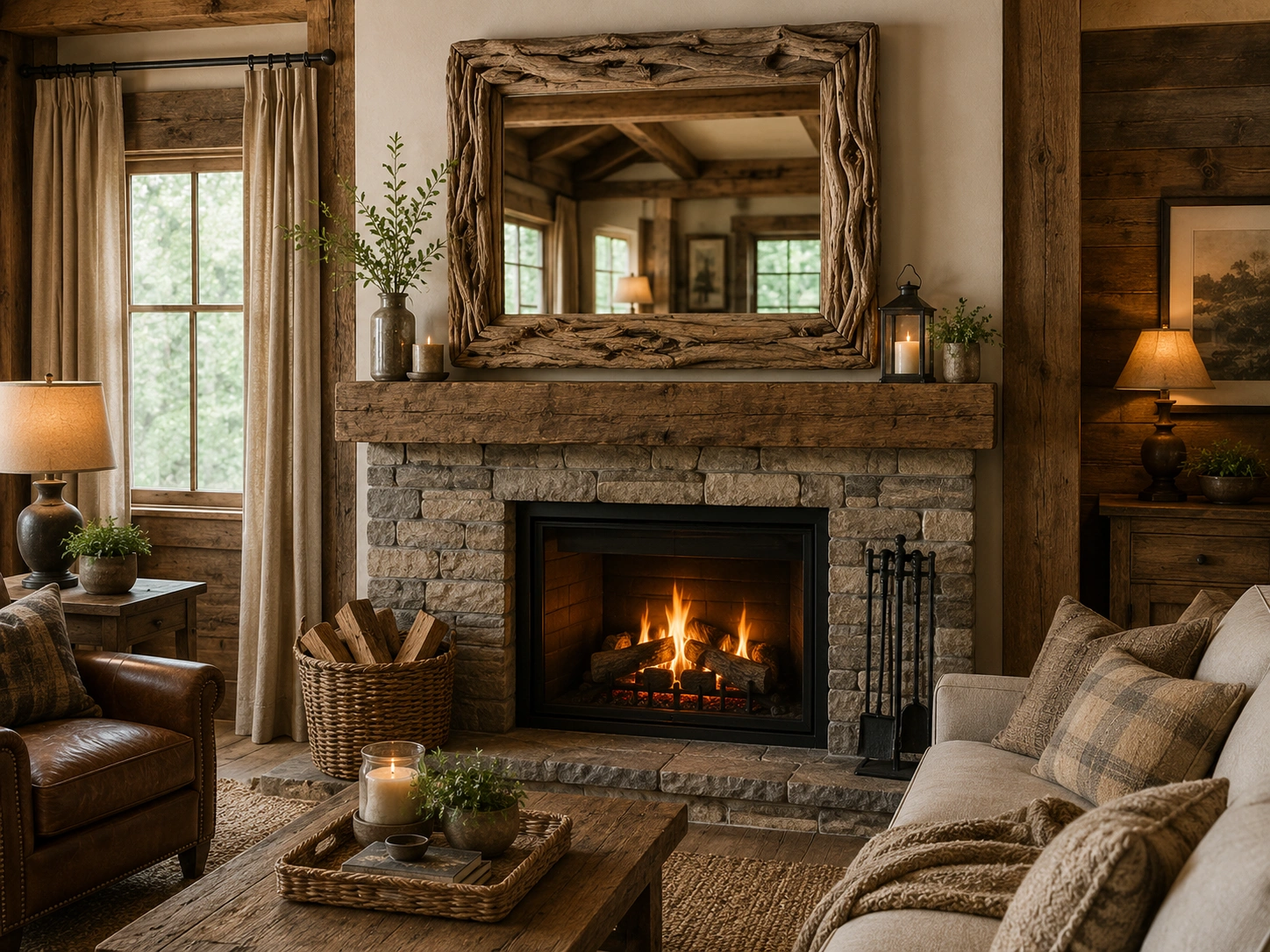 Reclaimed wood frame mirror above rustic stone fireplace