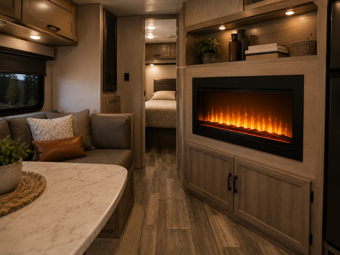 Electric fireplace installed in modern RV interior