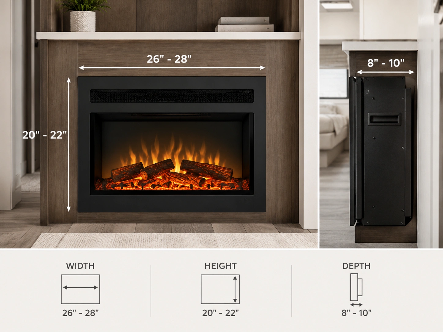 RV fireplace dimensions and sizing chart