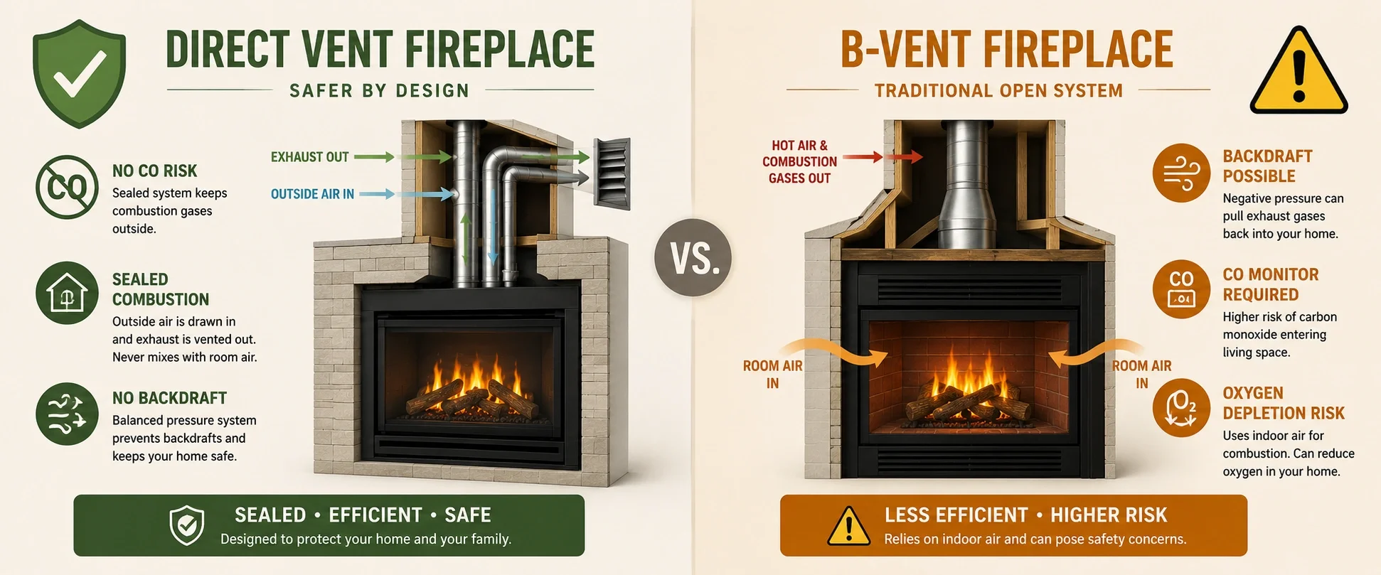 Safety features comparison between direct vent and B-vent systems
