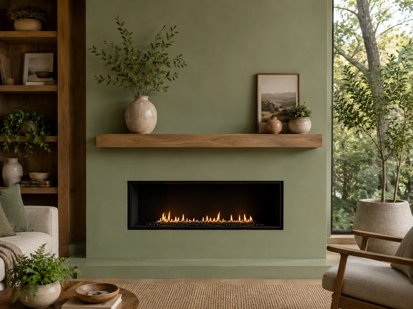 Calming sage green painted fireplace in nature-inspired room