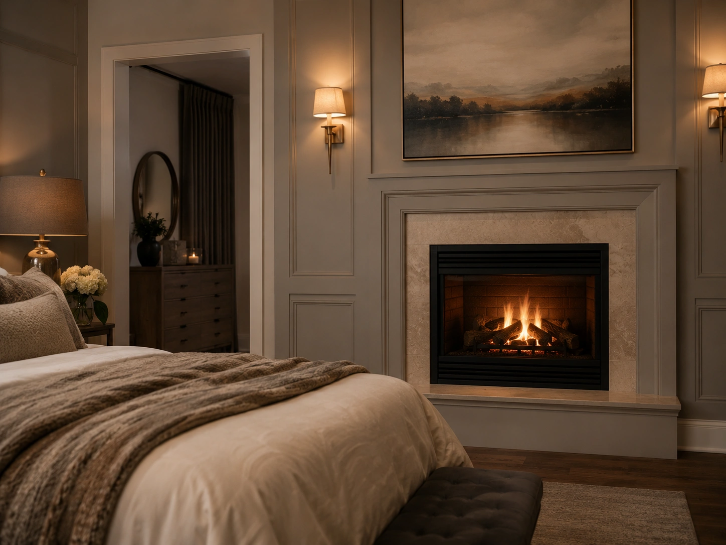 Set fireplace creating cozy bedroom retreat