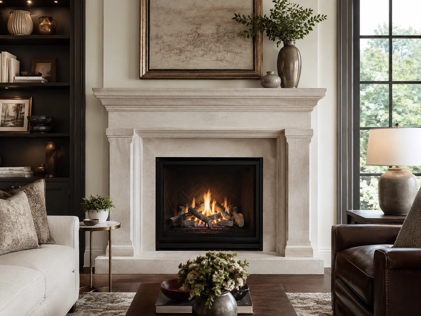 Complete set fireplace with mantel and surround in elegant living room
