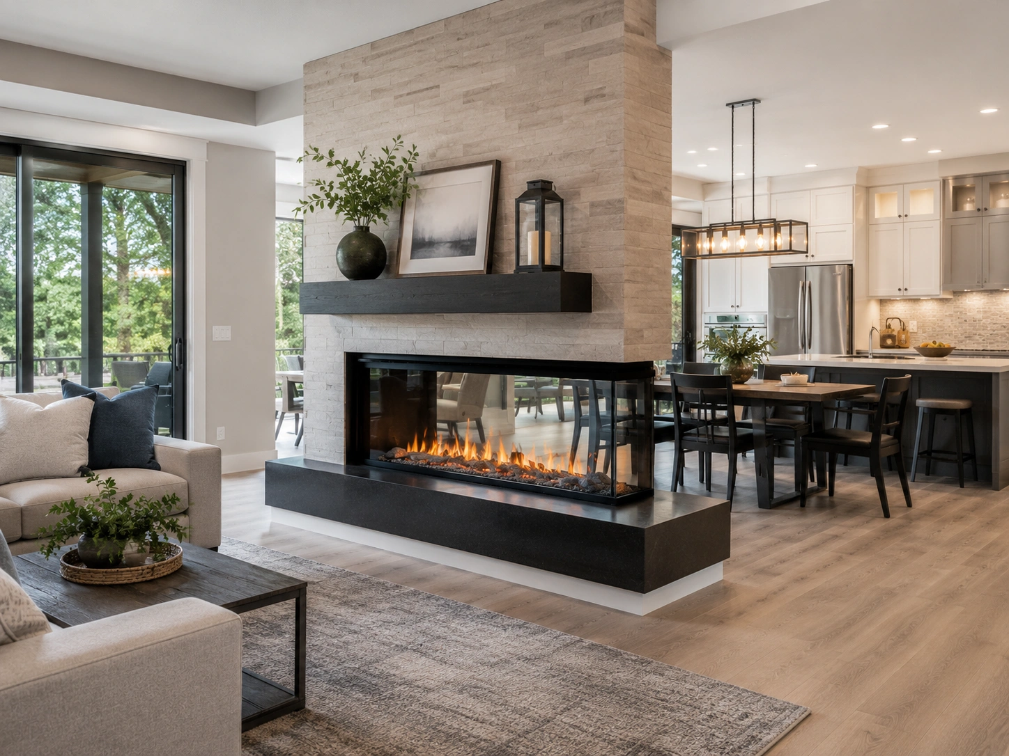 Set fireplace defining open concept living space
