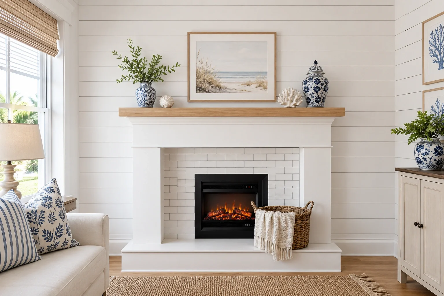 Shiplap accent wall with faux fireplace