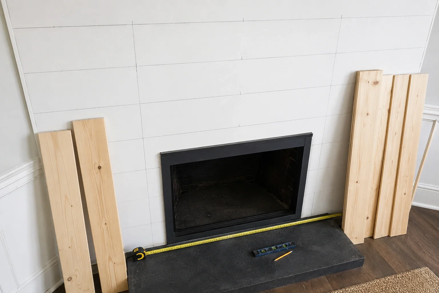 Planning shiplap layout around fireplace opening with measurements marked