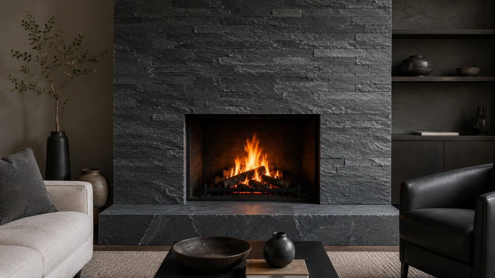 Slate stone fireplace with fine-grained metamorphic rock