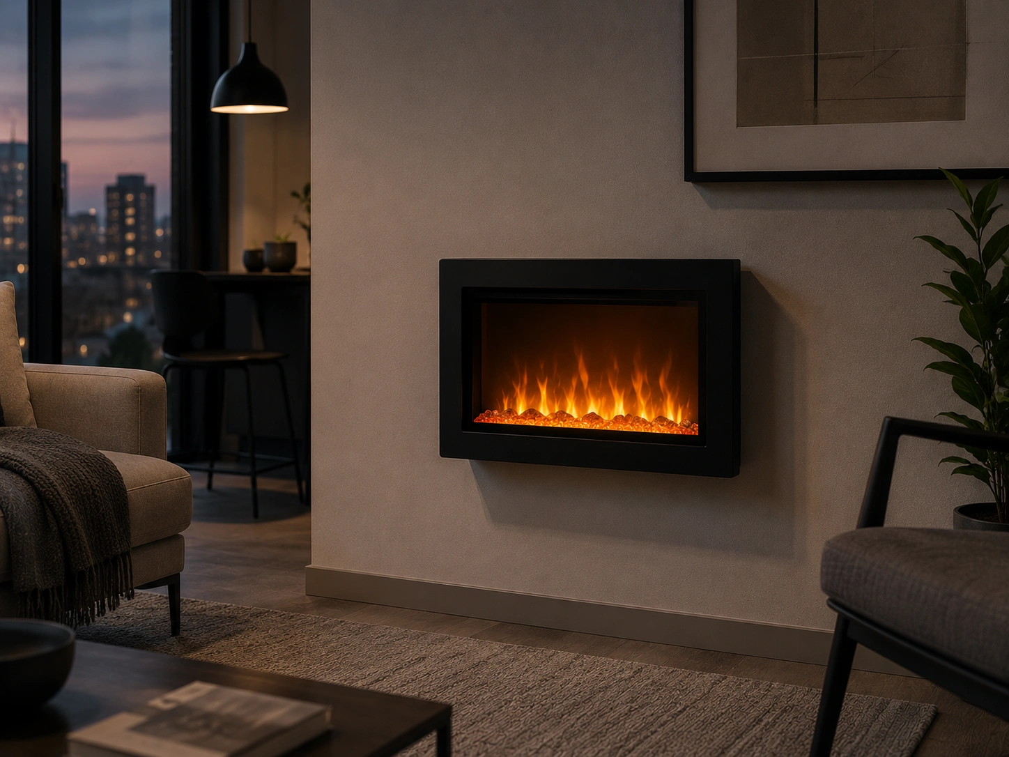 Compact wall-mounted electric fireplace in modern apartment setting