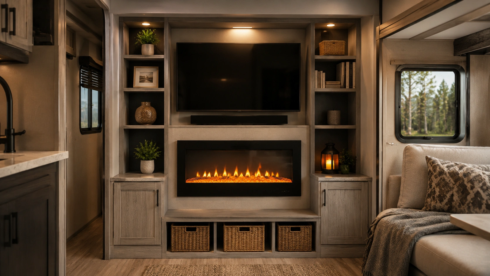 Creative design ideas for small fireplaces including built-in storage and vertical emphasis
