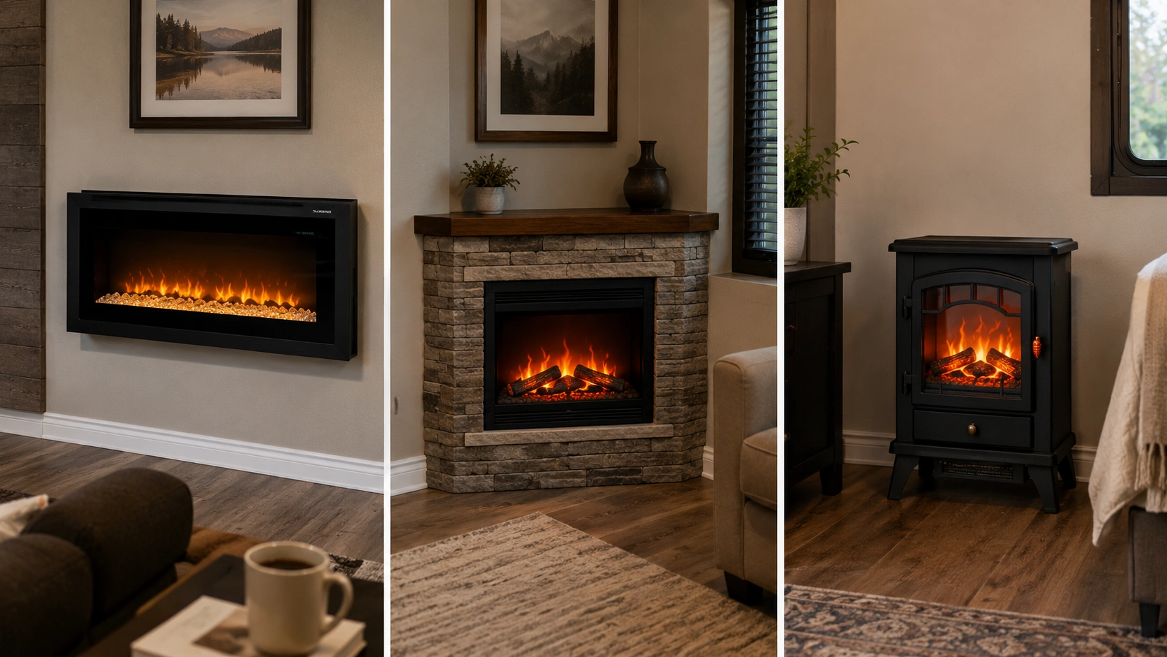 Different installation options for small fireplaces including wall-mount, corner, and freestanding