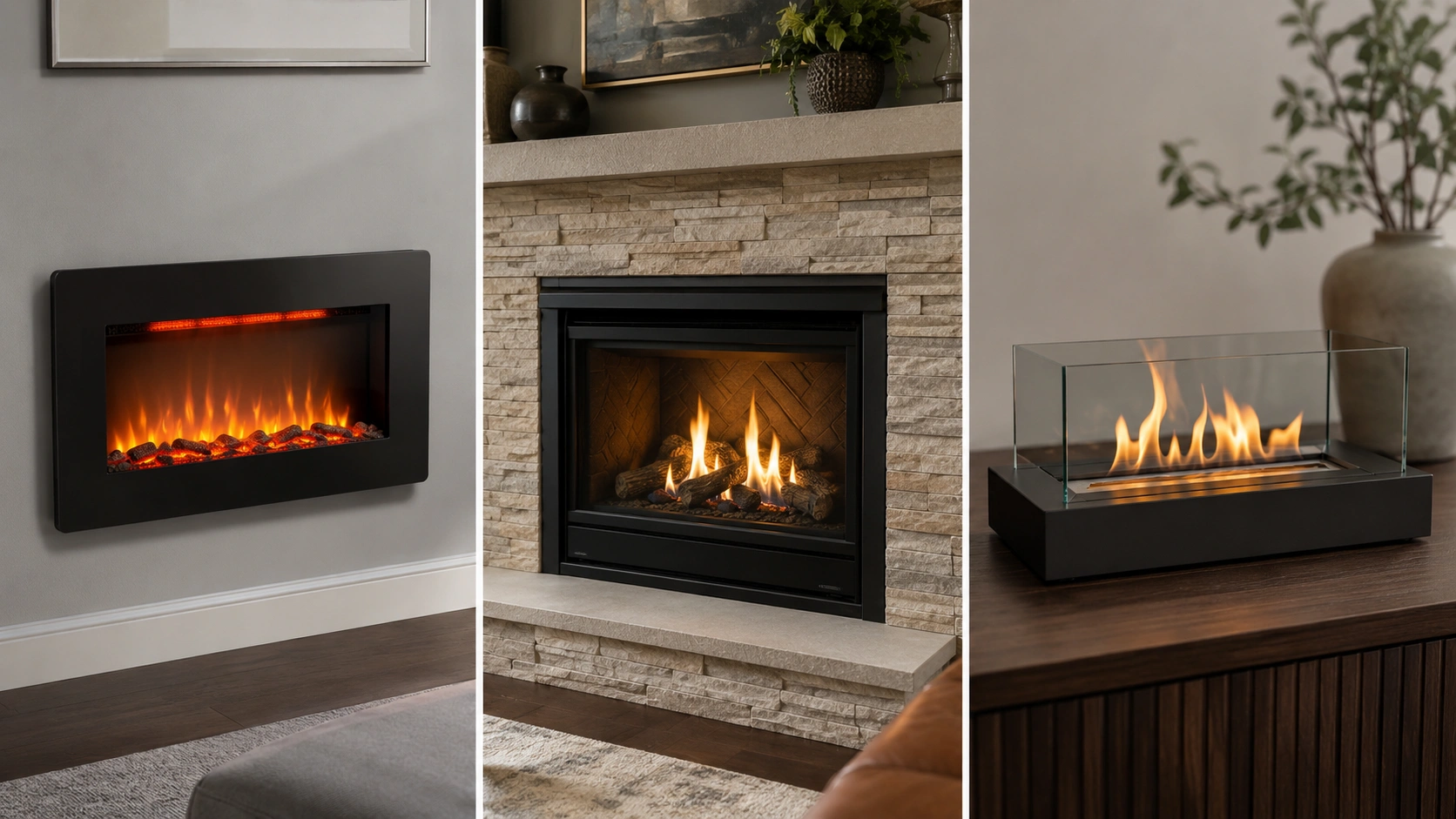 Comparison of different small fireplace types including electric, gas, and ethanol models