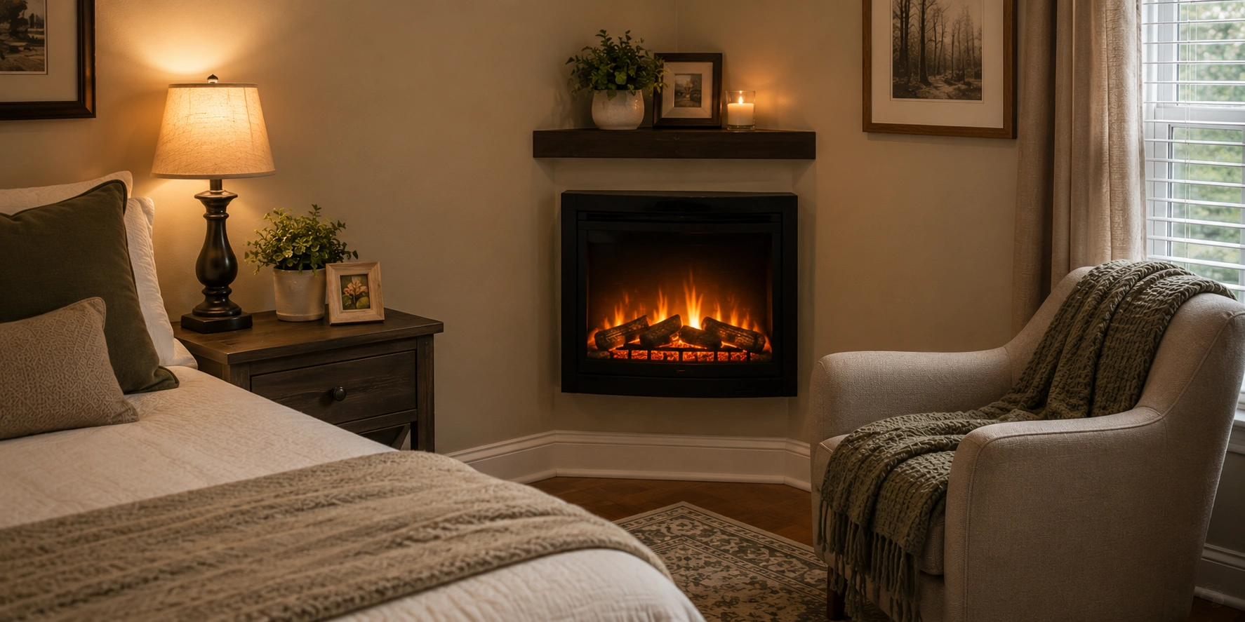 Space-saving corner fireplace for small room