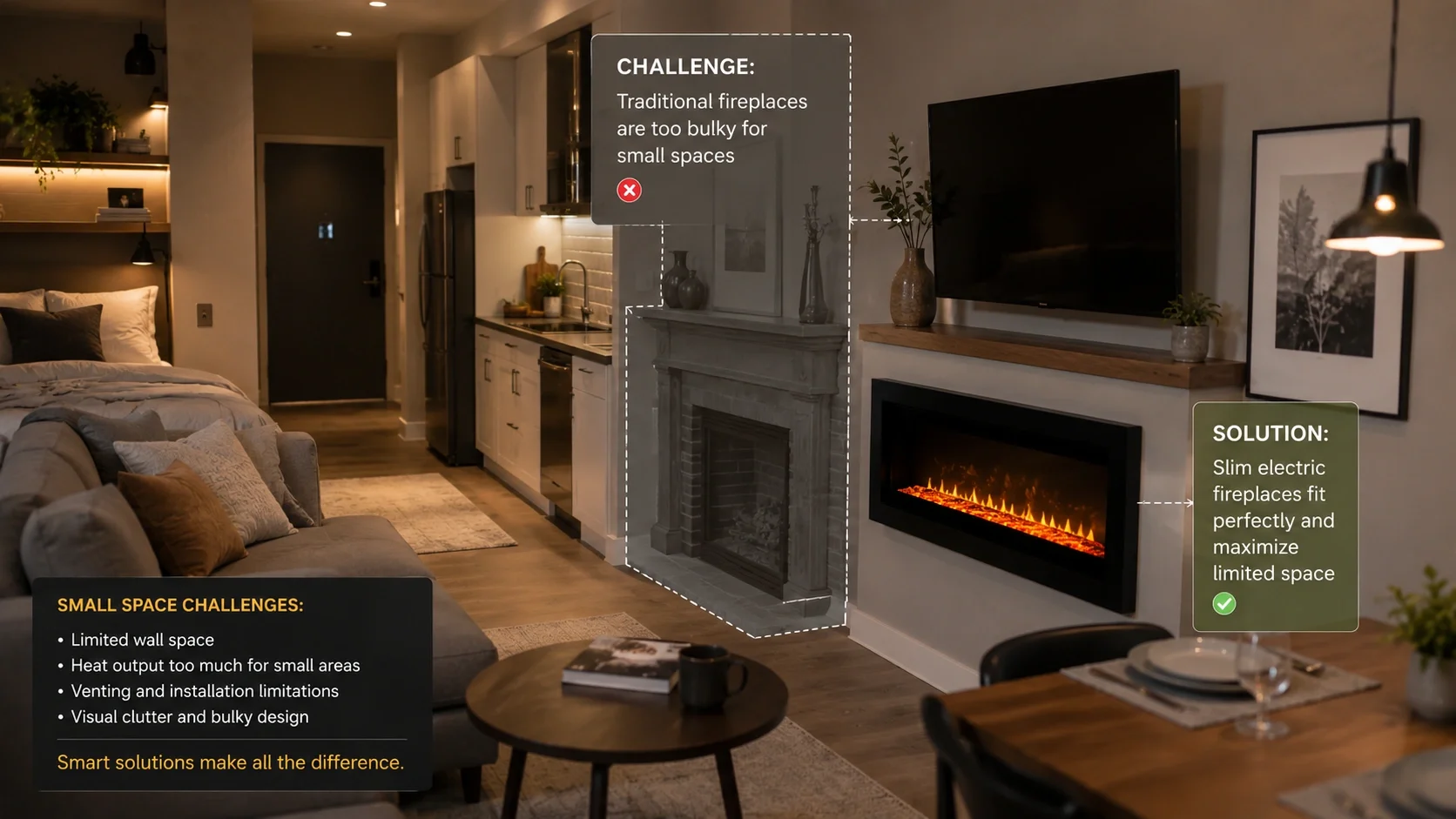 Challenges of installing fireplaces in small spaces with furniture placement considerations