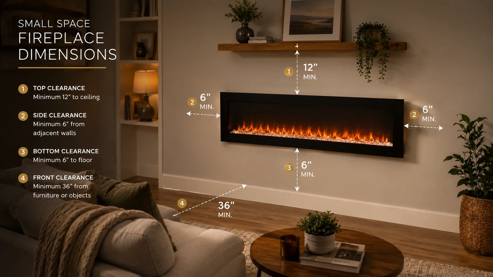 Diagram showing proper fireplace dimensions and clearance for small spaces