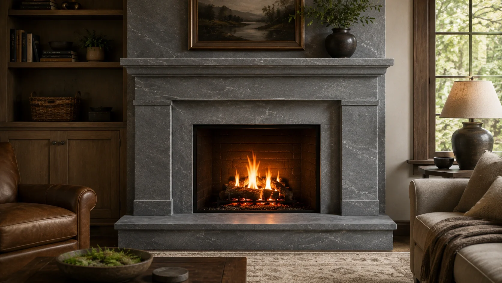 Complete soapstone fireplace with surround, mantel, and hearth
