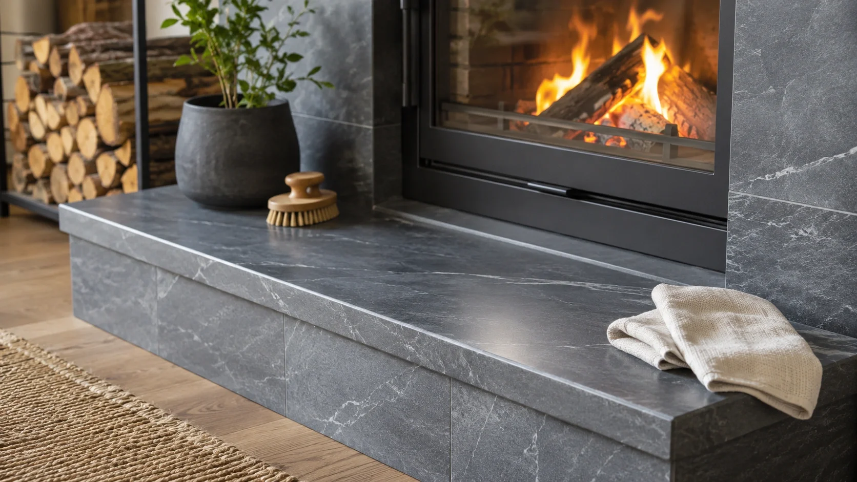 Cleaned soapstone hearth with subtle natural patina