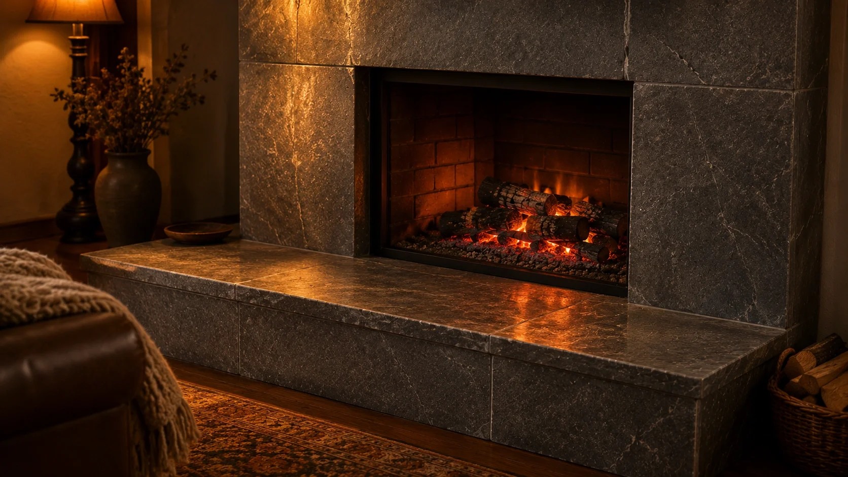 Soapstone fireplace radiating warm, even heat hours after the fire is out