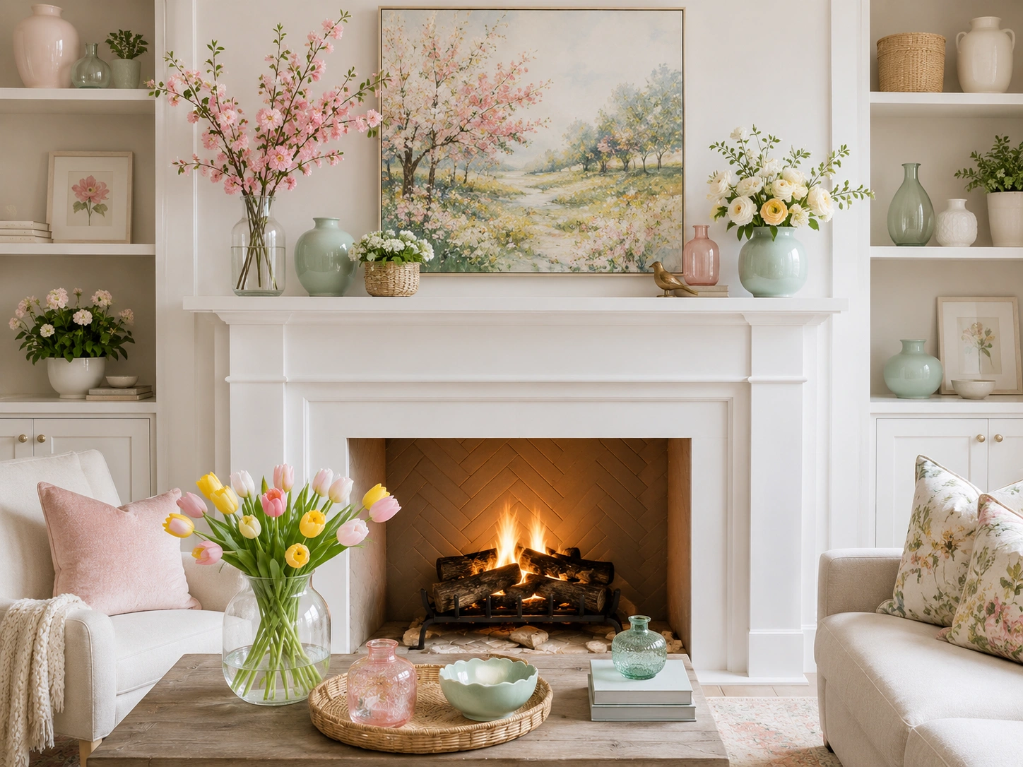 Spring fireplace decor with fresh flowers and light colors