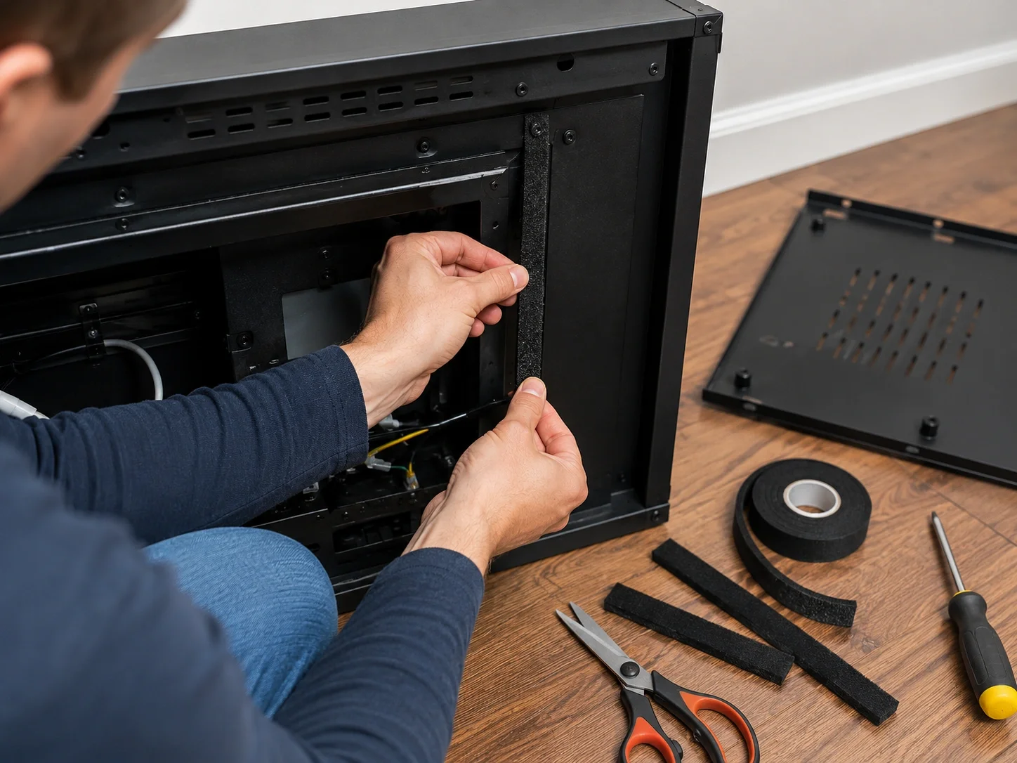 Applying felt pads to the back panel of a fireplace to stop vibration