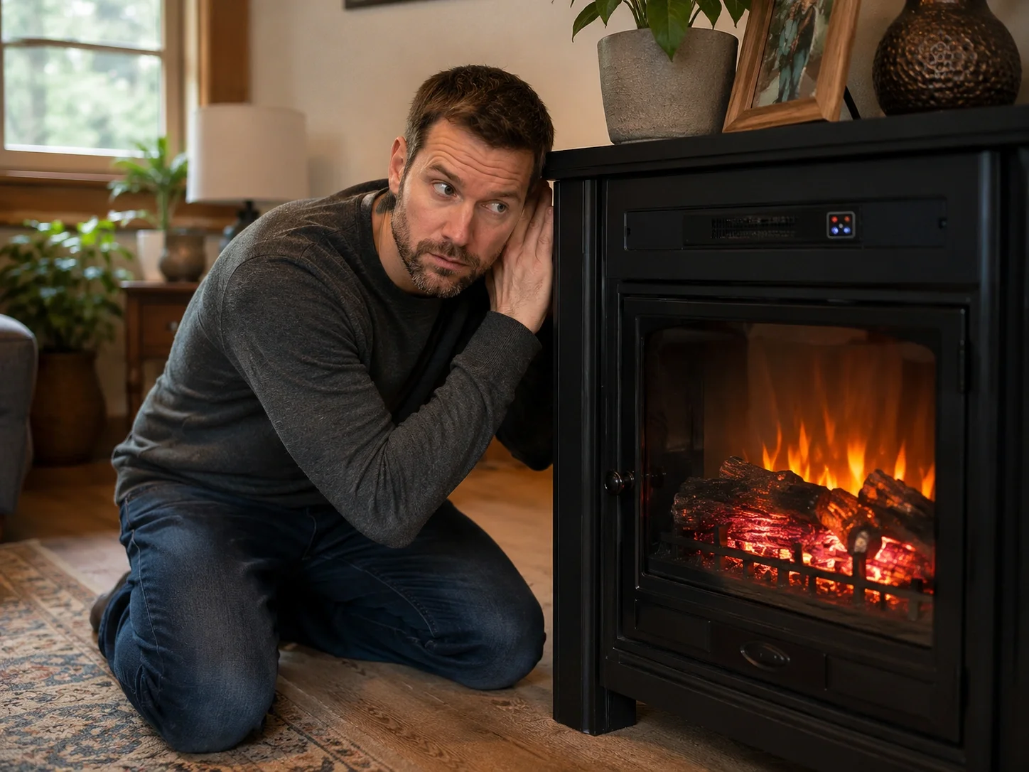 Person listening closely to an electric fireplace to isolate noise