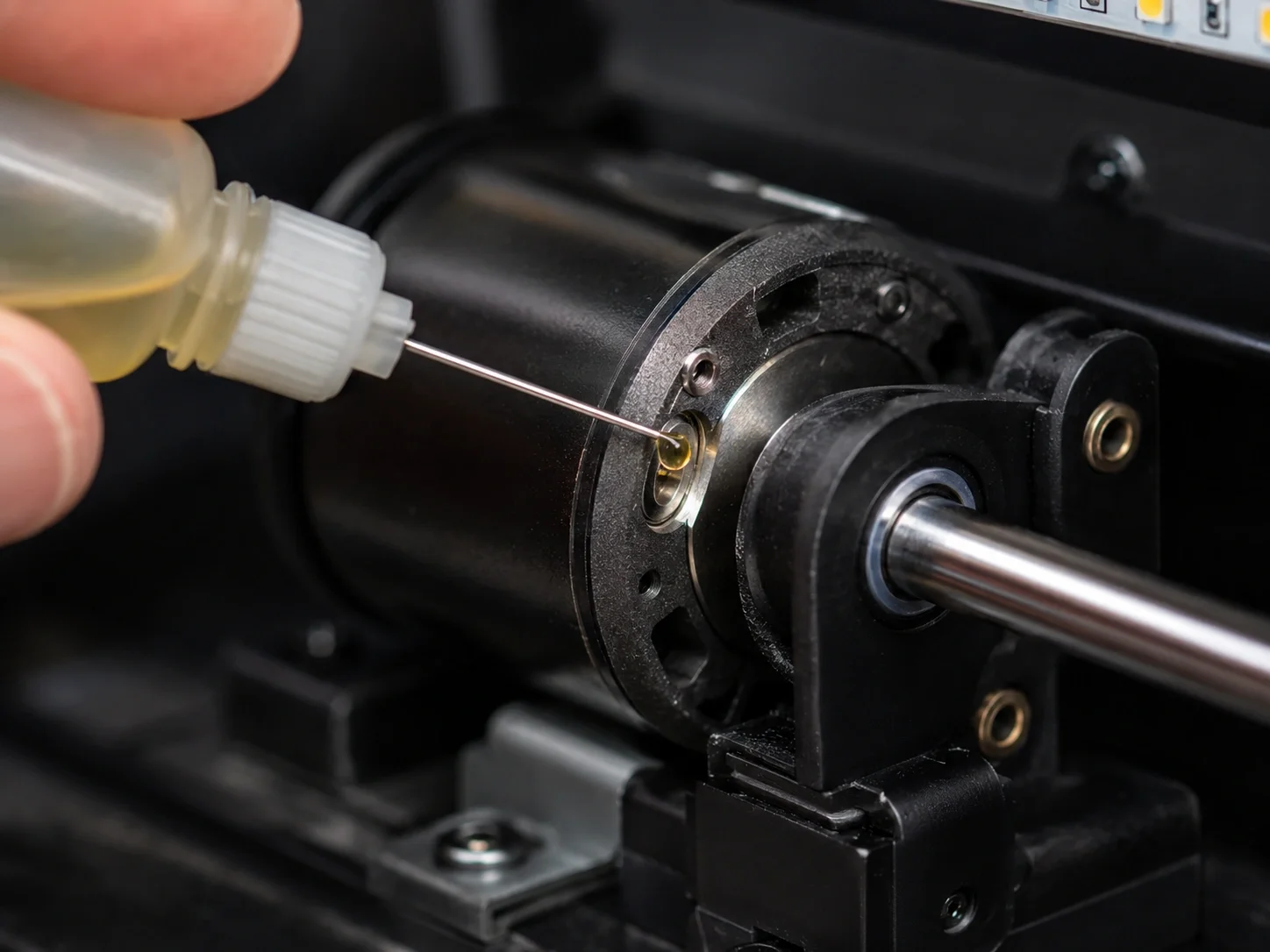 Close up of lubricating a flame effect motor spindle