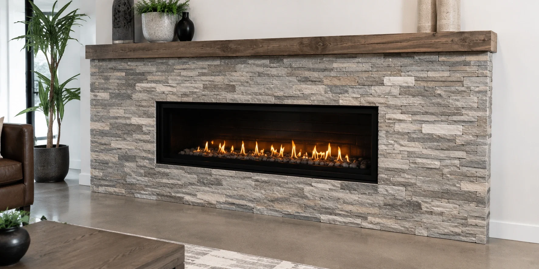 DIY stone veneer fireplace surround