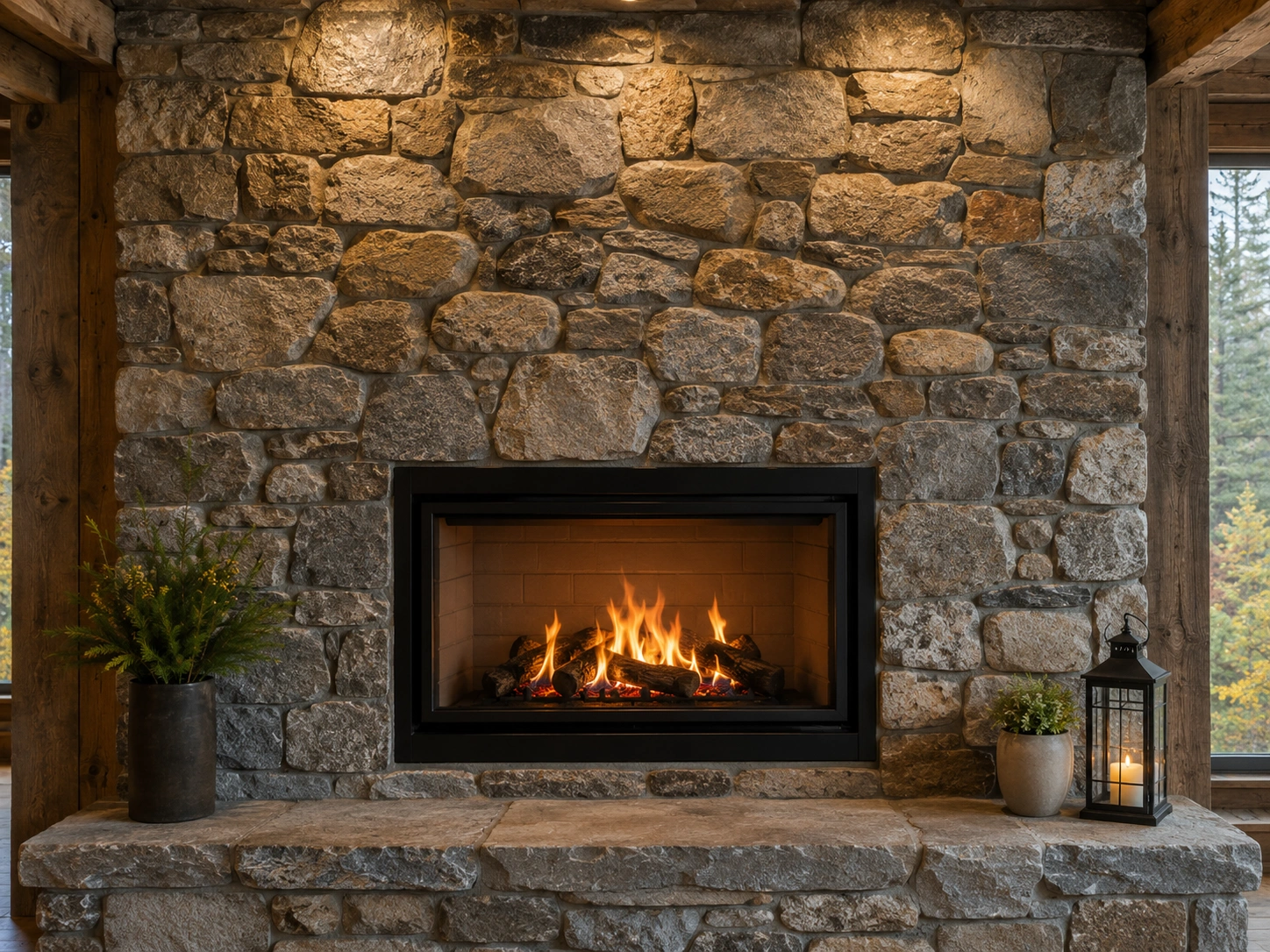 Natural stone fireplace wall with textured surface