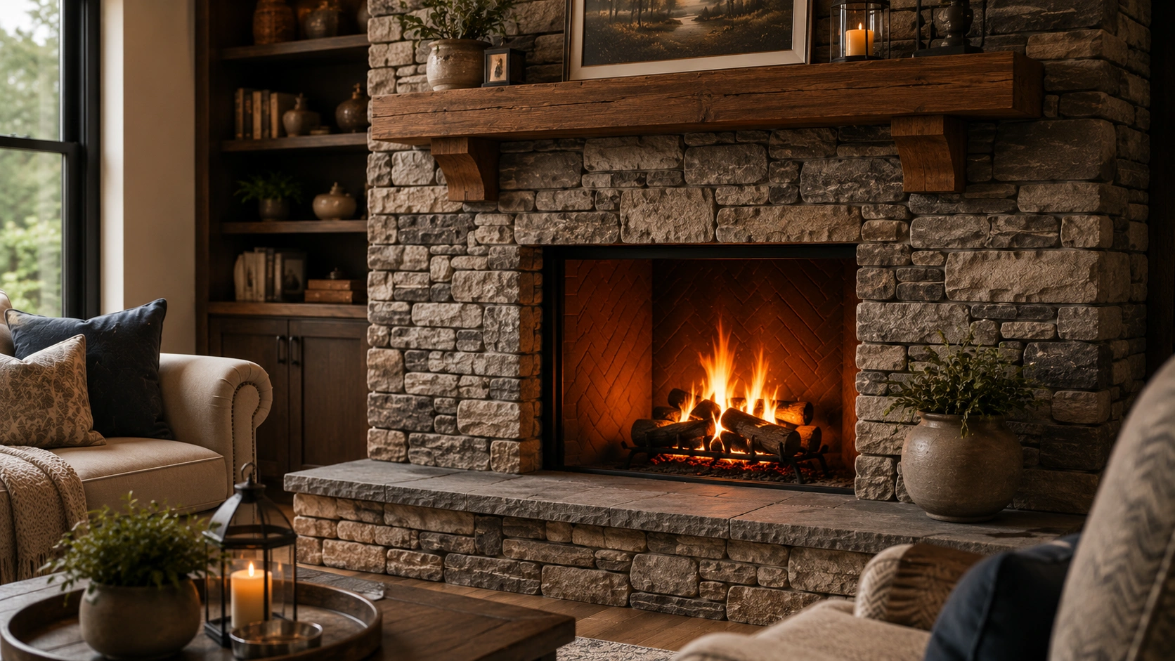 Natural stone fireplace surround with textured surface