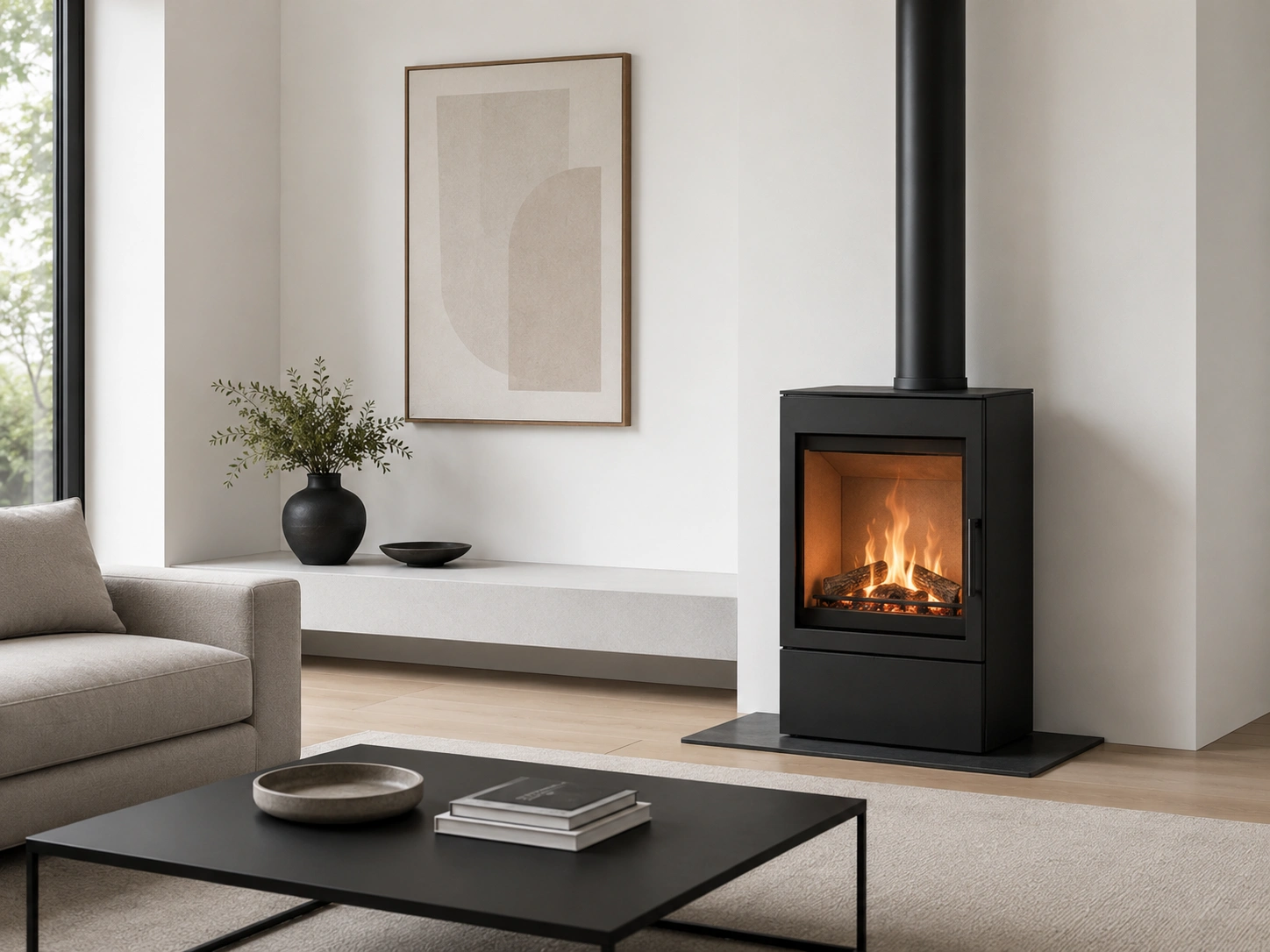 Modern minimalist electric stove fireplace in contemporary space