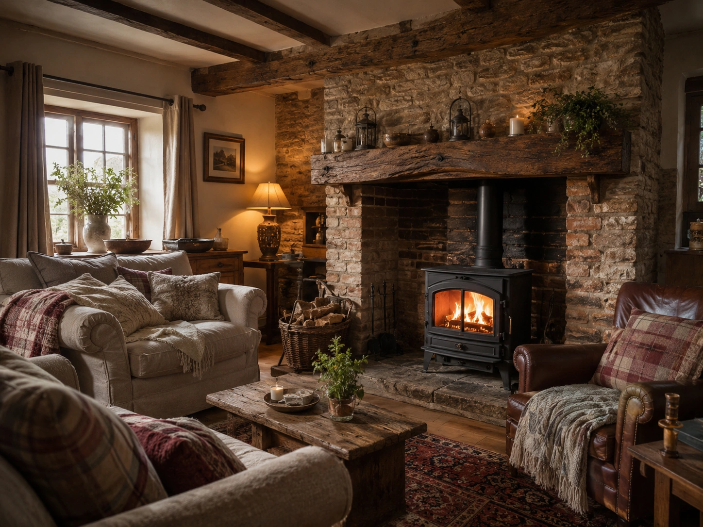 Rustic wood stove fireplace in country-style living room