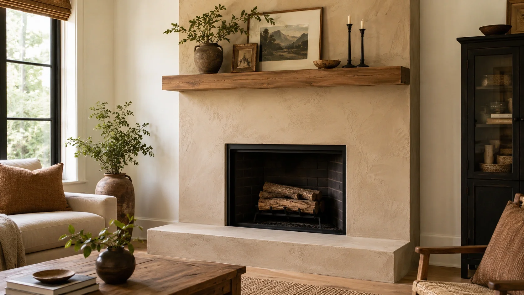 Beautiful stucco fireplace surround in a living room