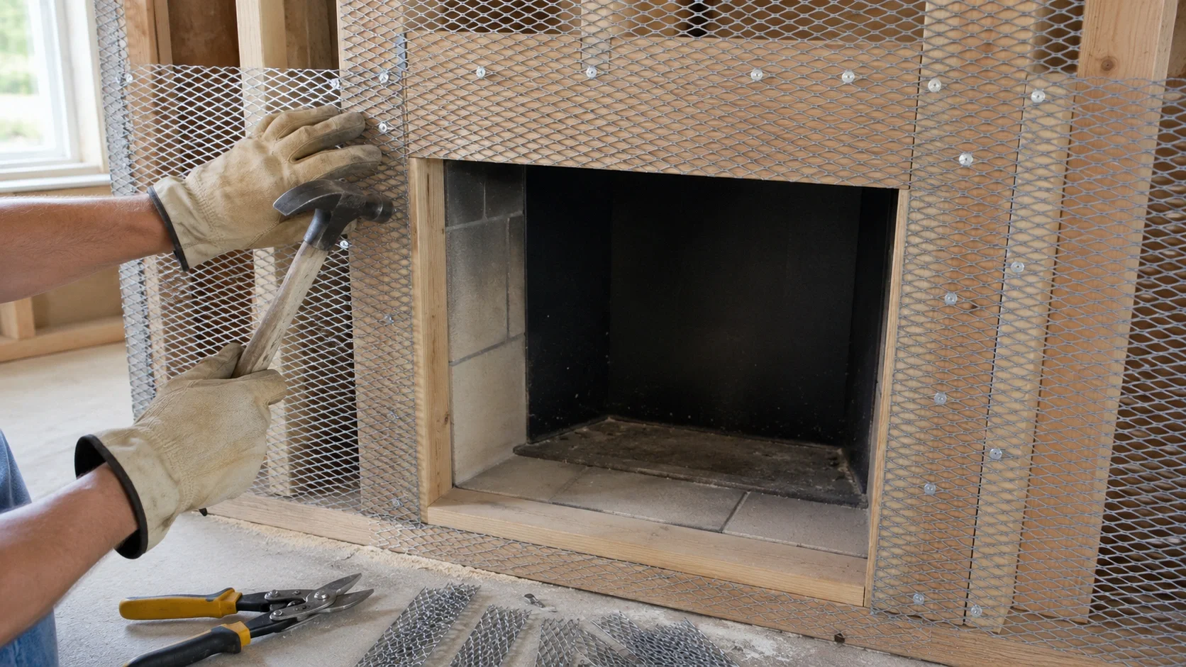 Installing metal lath for stucco fireplace