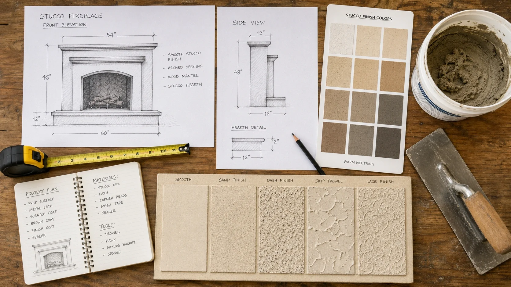 Planning sketch for a DIY stucco fireplace project